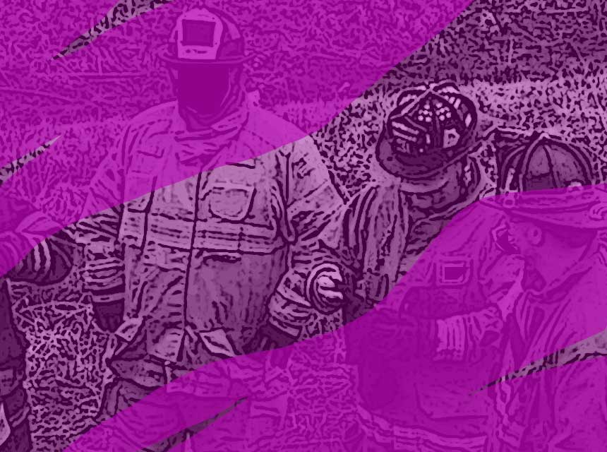 ff-turnout-gear 全副武装的消防员站在周围