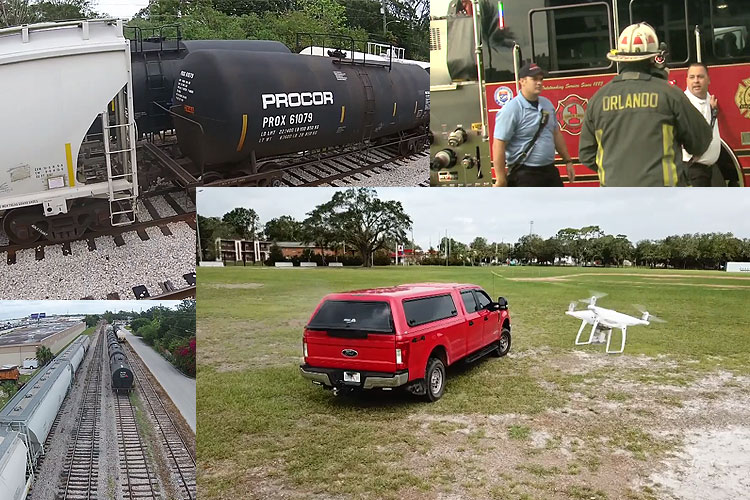 消防队员使用无人机评估危险品现场